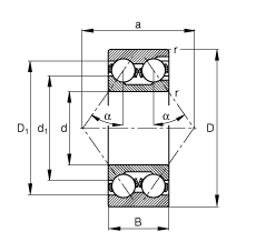 角接觸球軸承 3320-M, 根據(jù) DIN 628-3 標(biāo)準(zhǔn)的主要尺寸，雙列，帶填球槽，接觸角 α = 35°