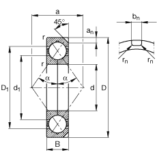 四點(diǎn)接觸球軸承 QJ348-N2-MPA, 根據(jù) DIN 628-4 的主要尺寸，可以拆卸，剖分內(nèi)圈，帶兩個(gè)止動(dòng)槽