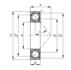 角接觸球軸承 7214-B-XL-2RS-TVP, 根據(jù) DIN 628-1 標準的主要尺寸，接觸角 α = 40°，兩側唇密封